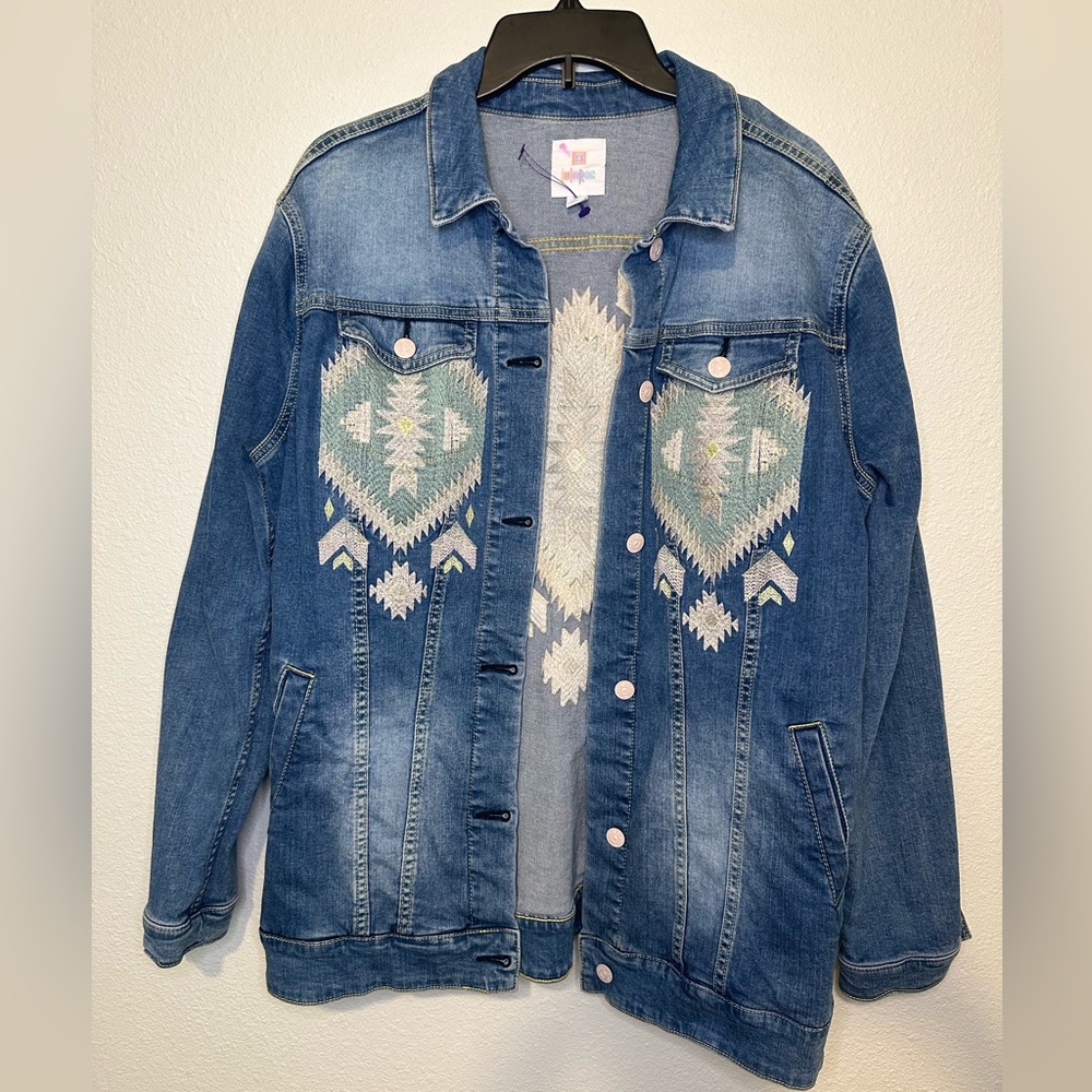 Lularoe Jaxon Embroidered Jean Jacket Aztec Boho Size XL